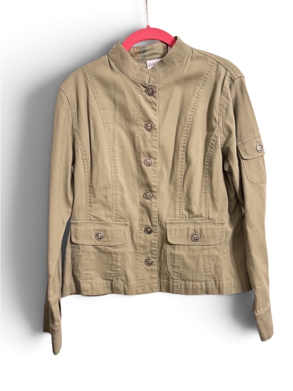 Chico's Light Khaki Utility Jacket with Stand Collar Size 1 NEW W/TAGS